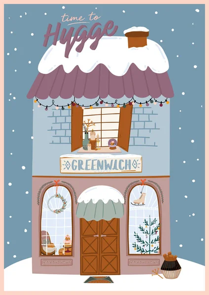 Cute winter house poster. Christmas holiday season. — ストックベクタ