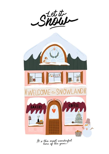 Kolekcja cute dom zimowy, sklep, sklep, kawiarnia i restauracja izolowane na białym tle. — Wektor stockowy