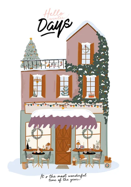 Collection de mignon hiver maison, magasin, magasin, café et restaurant isolé sur fond blanc . — Image vectorielle