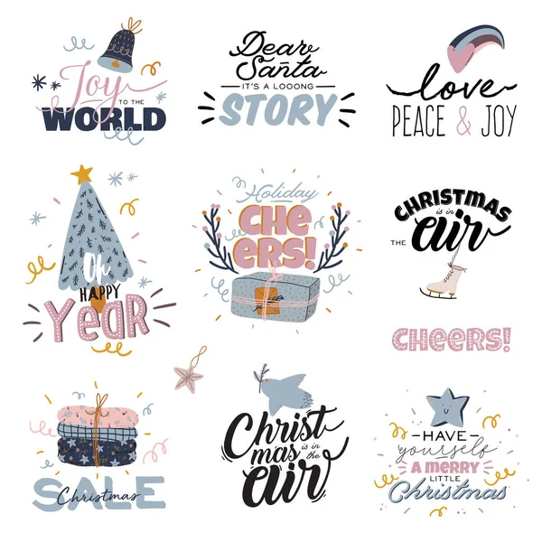 Buon Natale o Felice Anno Nuovo 2020 carte con lettering vacanza e tradizionale elemento invernale . — Vettoriale Stock