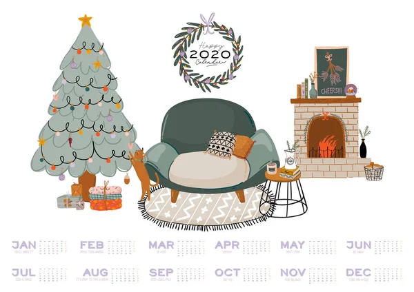 Calendario de pared. 2020 Planificador anual con todos los meses. Buen organizador y horario escolar — Archivo Imágenes Vectoriales