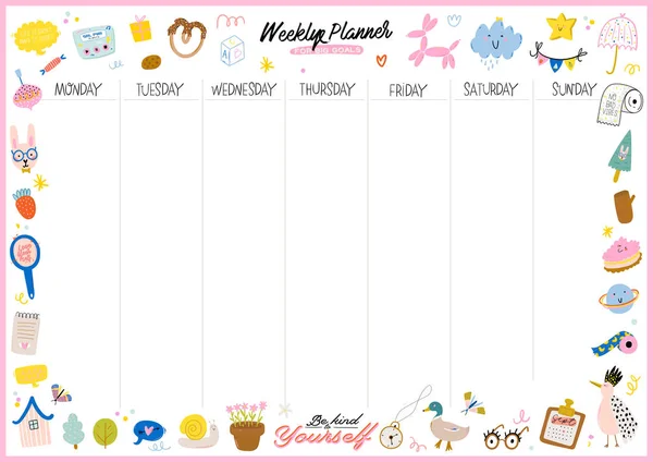 Verzameling van wekelijkse of dagelijkse planner, nota papier, te doen lijst, stickers sjablonen versierd door schattige kinderen illustraties en inspirerende citaat. — Stockvector