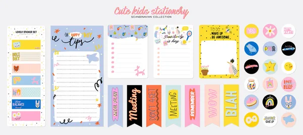 Collection of weekly or daily planner, note paper, to do list, stickers templates decorated by cute kids illustrations and inspirational quote — Stock Vector