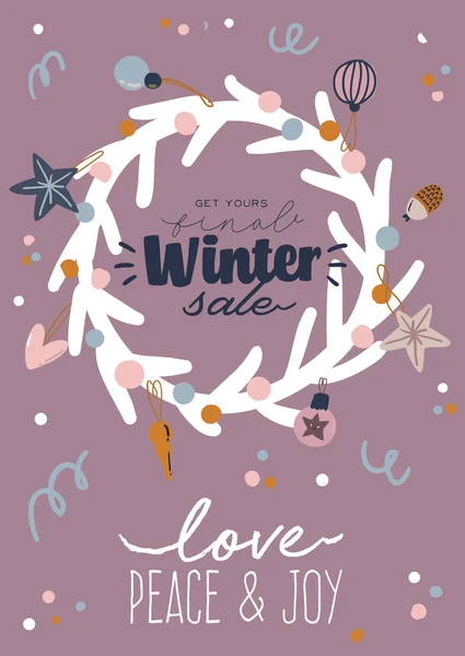 Stampa di vendita con bellissimo sfondo invernale, elementi natalizi e lettering alla moda . — Vettoriale Stock