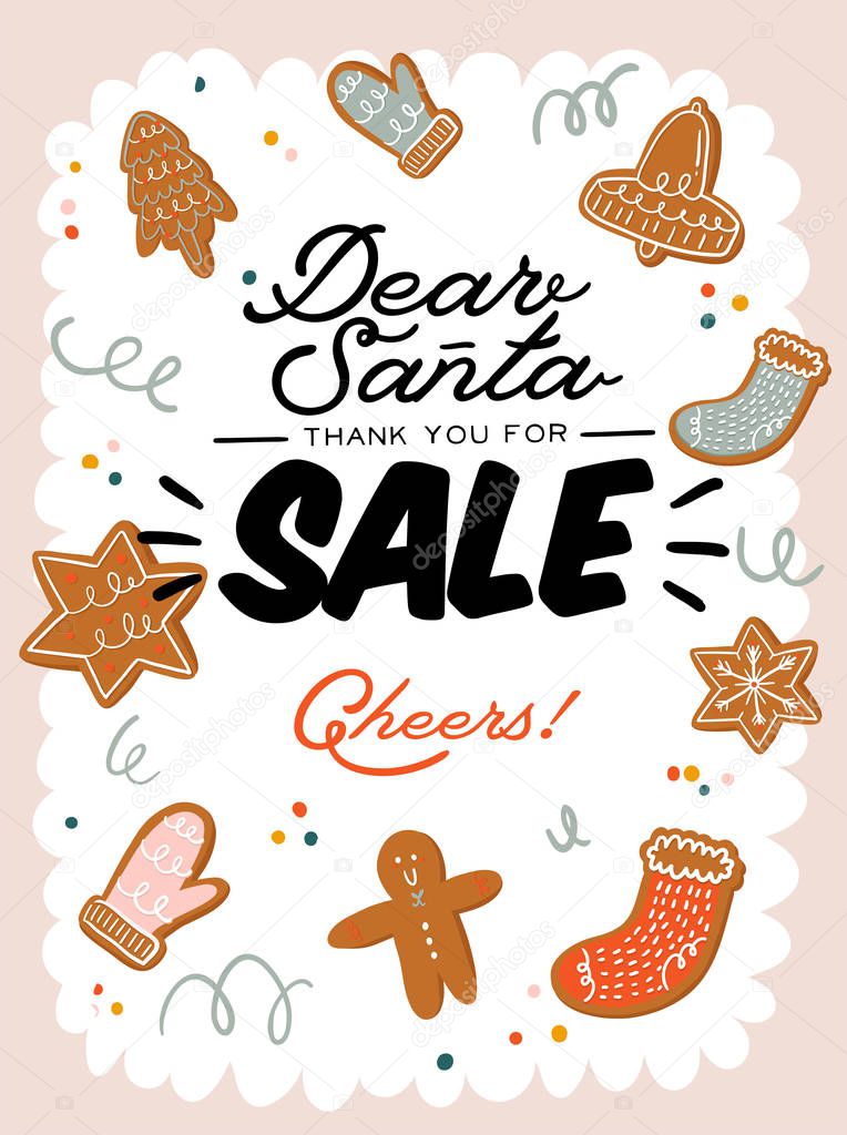 Sale print with beautiful Winter background, Christmas elements and trendy lettering.
