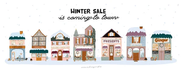 Venta de impresión con hermoso fondo de invierno, elementos navideños y letras de moda — Vector de stock