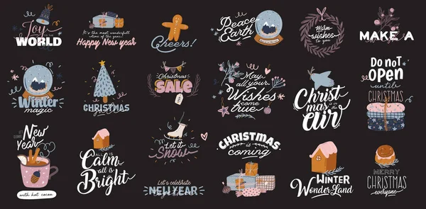 Feliz Navidad o Feliz Nuevo 2020 Ilustración del año con letras navideñas y elemento tradicional de invierno . — Vector de stock