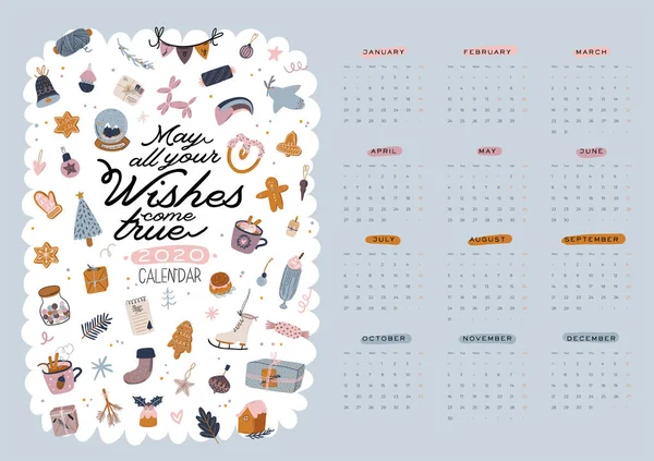 Calendrier mural. 2020 Planificateur annuel avec tous les mois. Bon organisateur scolaire et calendrier . — Image vectorielle