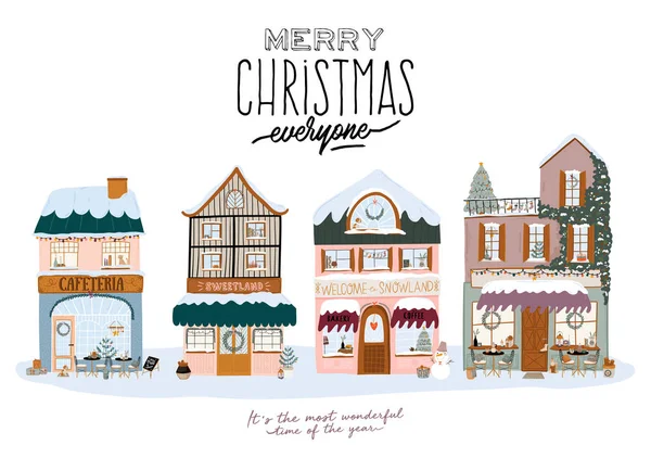 Collectie van leuke winter huis, winkel, winkel, cafe en restaurant geïsoleerd op witte achtergrond. — Stockvector