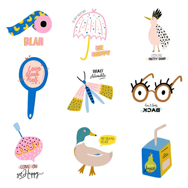 Cute scandinavian characters set including trendy quotes and cool decorative hand drawn elements — Stock Vector