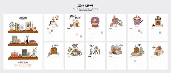 Calendrier mural. 2020 Planificateur annuel avec tous les mois . — Image vectorielle