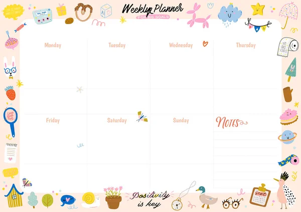 Collection of weekly or daily planner, note paper, to do list, stickers templates decorated by cute kids illustrations and inspirational quote. — Stock Vector