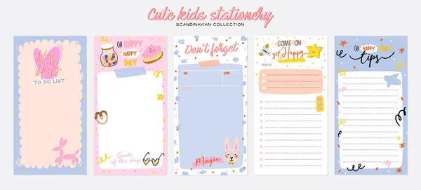 Verzameling van wekelijkse of dagelijkse planner, nota papier, te doen lijst, stickers sjablonen versierd door schattige kinderen illustraties en inspirerende citaat. — Stockvector