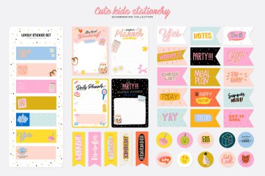 Collection of weekly or daily planner, note paper, to do list, stickers templates decorated by cute kids illustrations and inspirational quote.  clipart
