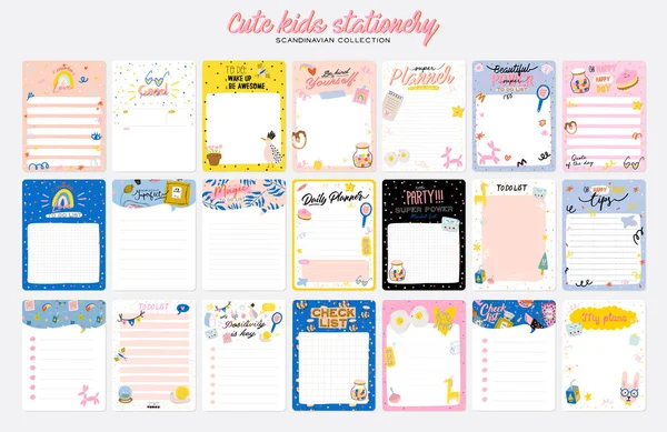 Verzameling van wekelijkse of dagelijkse planner, nota papier, te doen lijst, stickers sjablonen versierd door schattige kinderen illustraties en inspirerende citaat. — Stockvector