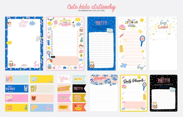 Verzameling van wekelijkse of dagelijkse planner, nota papier, te doen lijst, stickers sjablonen versierd door schattige kinderen illustraties en inspirerende citaat. — Stockvector