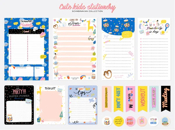 Verzameling van wekelijkse of dagelijkse planner, nota papier, te doen lijst, stickers sjablonen versierd door schattige kinderen illustraties en inspirerende citaat. — Stockvector