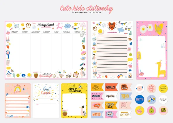 Collection of weekly or daily planner, note paper, to do list, stickers templates decorated by cute kids illustrations and inspirational quote. — Stock Vector