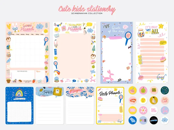 Verzameling van wekelijkse of dagelijkse planner, nota papier, te doen lijst, stickers sjablonen versierd door schattige kinderen illustraties en inspirerende citaat. — Stockvector