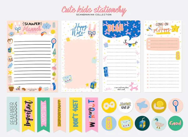 Collection of weekly or daily planner, note paper, to do list, stickers templates decorated by cute kids illustrations and inspirational quote. — Stock Vector