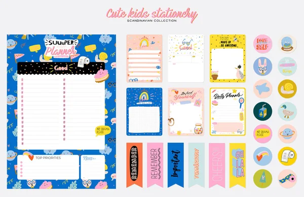 Verzameling van wekelijkse of dagelijkse planner, nota papier, te doen lijst, stickers sjablonen versierd door schattige kinderen illustraties en inspirerende citaat. — Stockvector