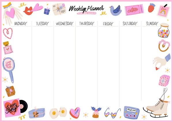 Verzameling van wekelijkse of dagelijkse planner, nota papier, te doen lijst, stickers sjablonen versierd met schattige liefde illustraties en inspirerende citaat. — Stockvector