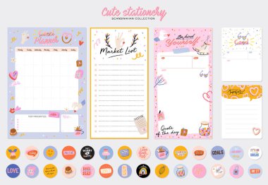 Collection of weekly or daily planner, note paper, to do list, stickers templates decorated by cute love illustrations and inspirational quote. clipart