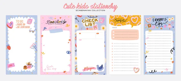 Verzameling van wekelijkse of dagelijkse planner, nota papier, te doen lijst, stickers sjablonen versierd met schattige liefde illustraties en inspirerende citaat. — Stockvector