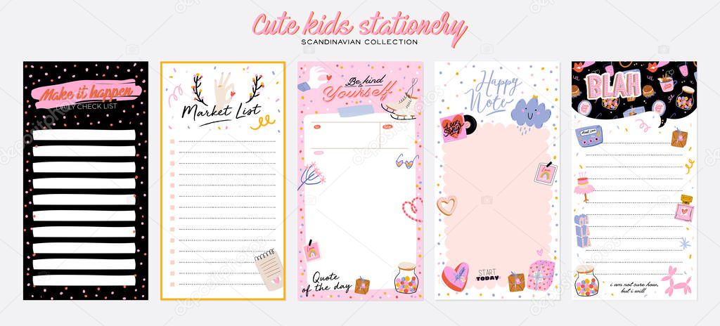 Collection of weekly or daily planner, note paper, to do list, stickers templates decorated by cute love illustrations and inspirational quote.