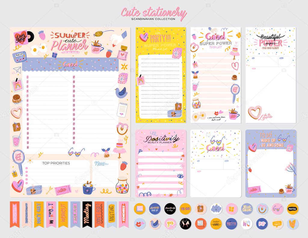 Collection of weekly or daily planner, note paper, to do list, stickers templates decorated by cute love illustrations and inspirational quote.