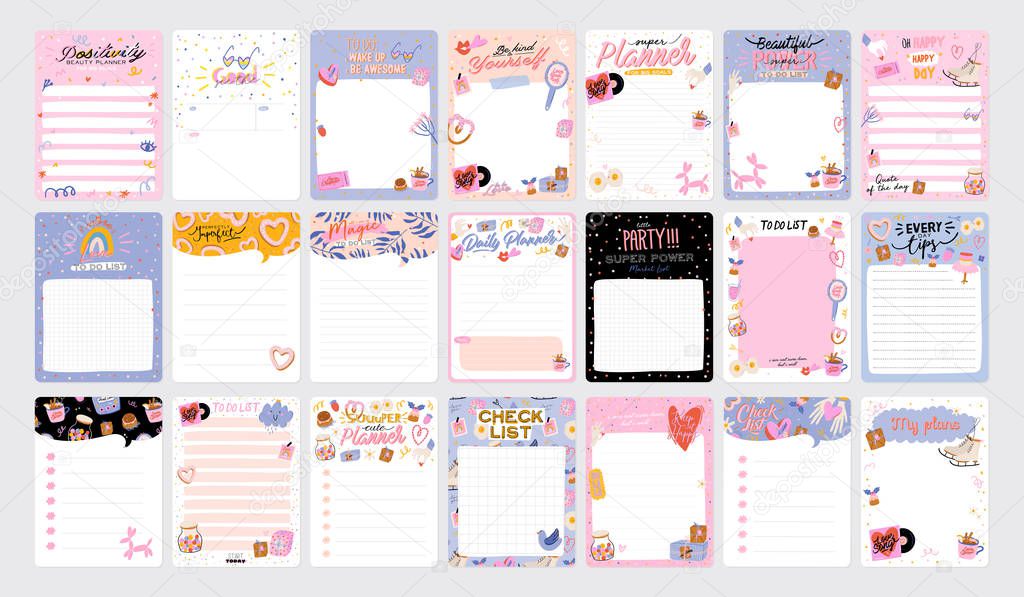 Collection of weekly or daily planner, note paper, to do list, stickers templates decorated by cute love illustrations and inspirational quote