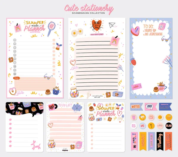 Collection of weekly or daily planner, note paper, to do list, stickers templates decorated by cute love illustrations and inspirational quote — 스톡 벡터