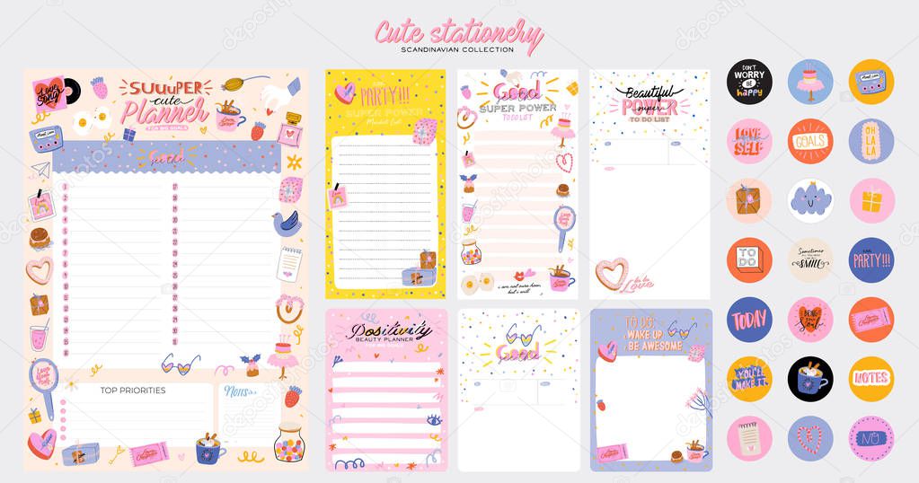 Collection of weekly or daily planner, note paper, to do list, stickers templates decorated by cute love illustrations and inspirational quote