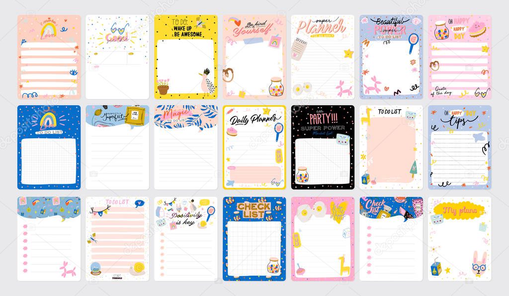 Collection of weekly or daily planner, note paper, to do list, stickers templates decorated by cute love illustrations and inspirational quote