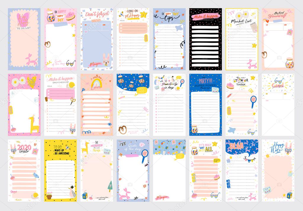 Collection of weekly or daily planner, note paper, to do list, stickers templates decorated by cute love illustrations and inspirational quote