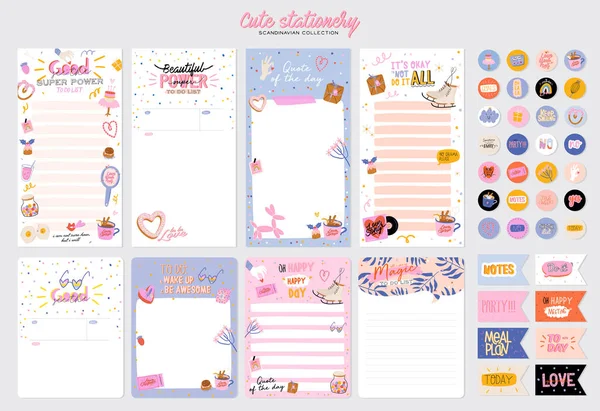 Collection of weekly or daily planner, note paper, to do list, stickers templates decorated by cute love illustrations and inspirational quote. — 스톡 벡터