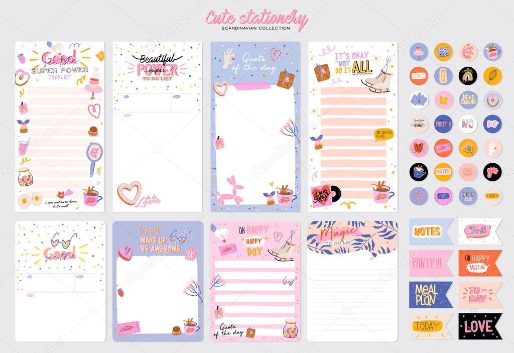 Collection of weekly or daily planner, note paper, to do list, stickers templates decorated by cute love illustrations and inspirational quote. 