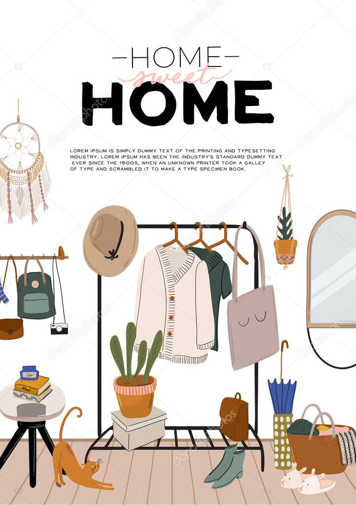 Stylish Scandinavian entrance hall interior and home decorations. Female clothes in  wardrobe. Clothing organization and storage. Vector illustration for women shop, boutique, store.