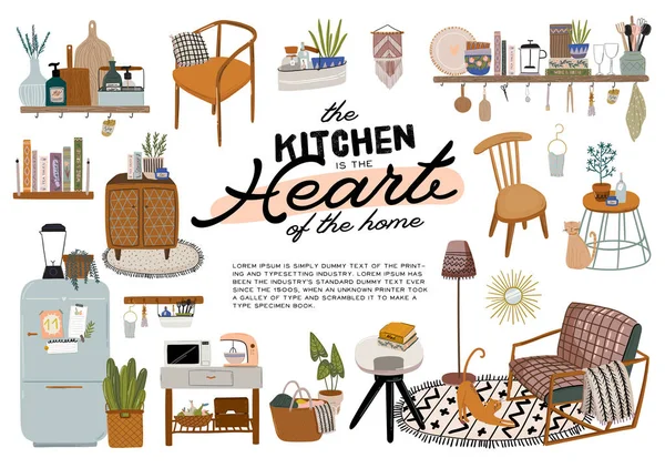 Stylish Scandinavian Kitchen Interior Stove Table Kitchen Utensils Fridge Home — Stock Vector