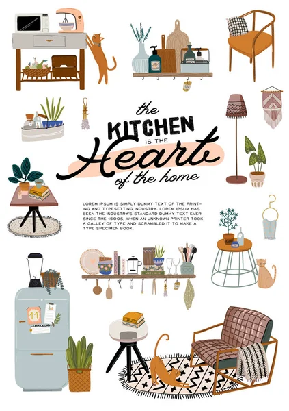时髦的斯堪的纳维亚式厨房 厨房用具 家居装饰 舒适舒适 舒适的公寓 配备有希格风格的家具 矢量说明 — 图库矢量图片