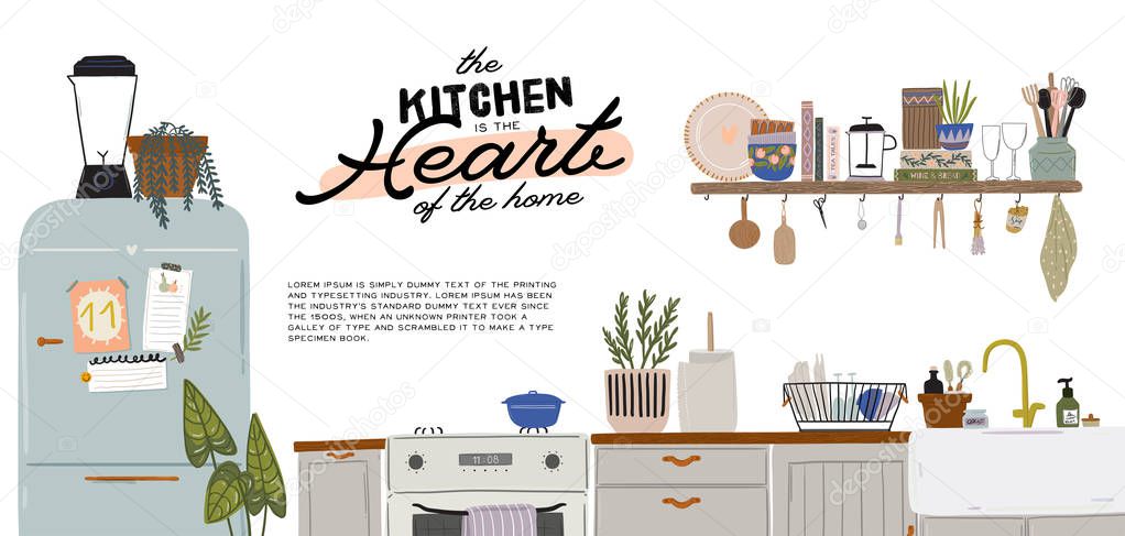 Stylish Scandinavian kitchen interior - stove, table, kitchen utensils, fridge, home decorations. Cozy modern comfy apartment furnished in Hygge style. Vector illustration