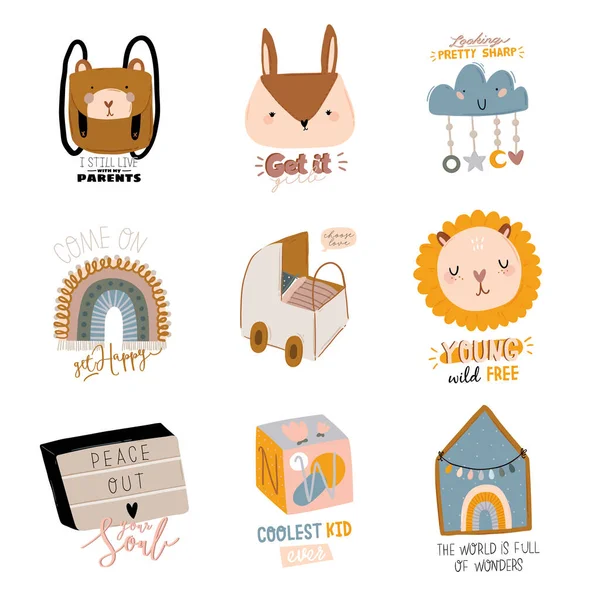 Cute Kids Scandinavian Znaków Zestaw Tym Modne Cytaty Fajne Zwierzęta — Wektor stockowy