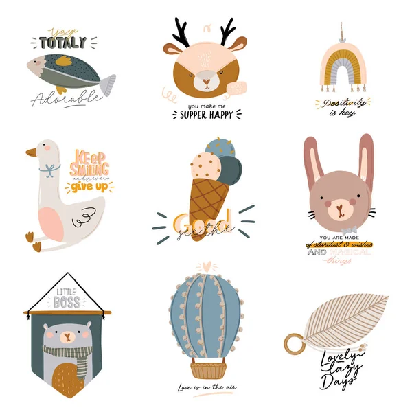 Ensemble Personnages Scandinaves Pour Enfants Mignons Comprenant Des Citations Mode — Image vectorielle