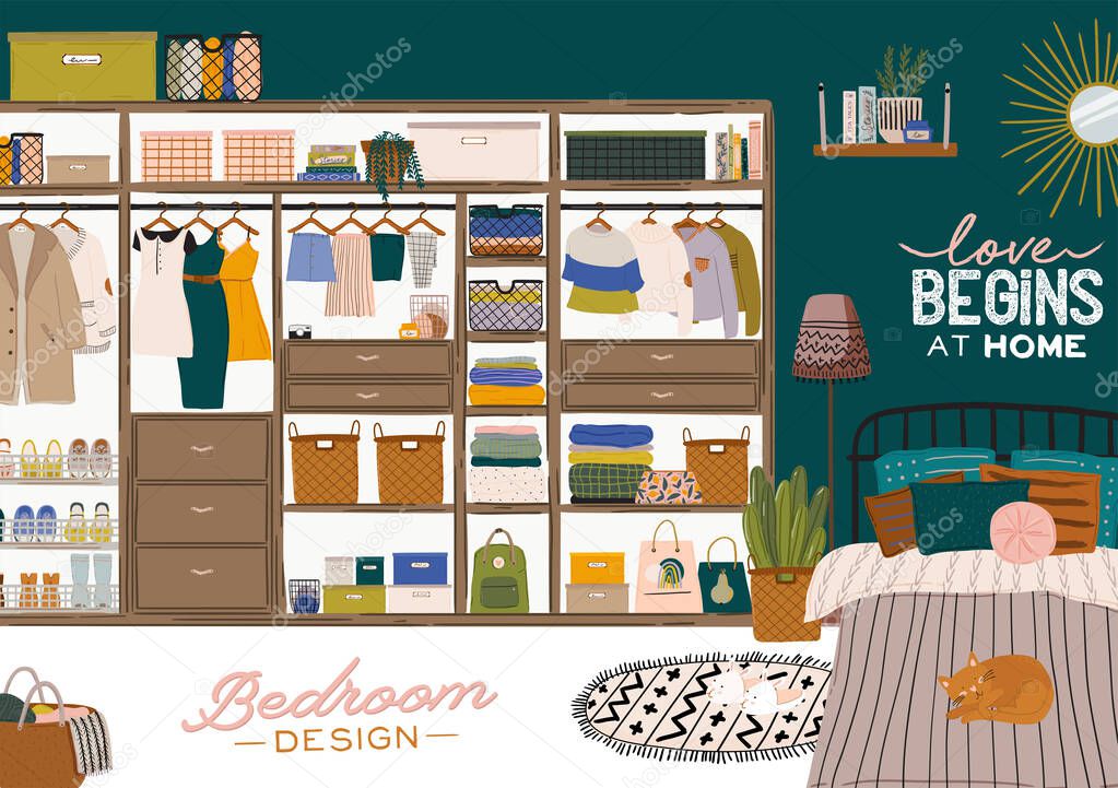 Stylish Scandinavian bedroom interior - bed, sofa, wardrobe, mirror, night stand, plant, lamp, home decorations. Cozy modern comfy apartment furnished in Hygge style. Vector illustration. 