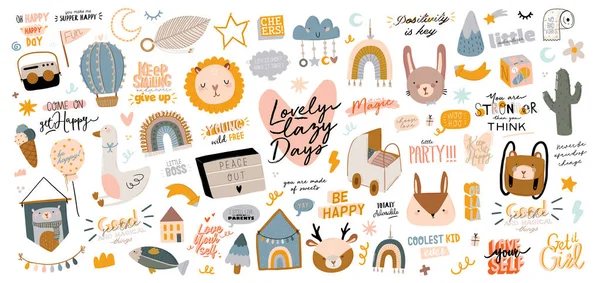 Cute Kids Scandinavian Characters Set Including Trendy Quotes Cool Animal — Stock Vector