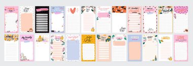 Collection of weekly or daily planner, note paper, to do list, stickers templates decorated by cute beauty cosmetic illustrations and trendy lettering. Trendy scheduler or organizer. Flat vector clipart
