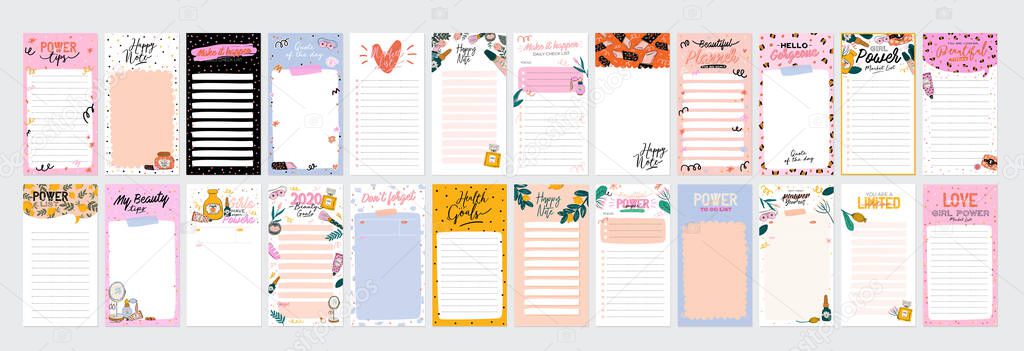 Collection of weekly or daily planner, note paper, to do list, stickers templates decorated by cute beauty cosmetic illustrations and trendy lettering. Trendy scheduler or organizer. Flat vector