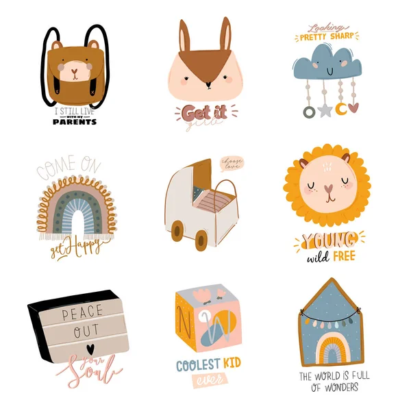 Schattige Babyshower Scandinavische Stijl Inclusief Trendy Quotes Toffe Dierlijke Decoratieve — Stockvector