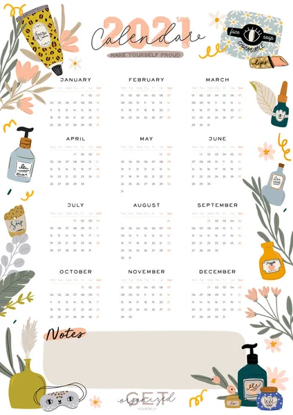 Wall Calendar 2021 Yearly Planner All Months Good School Organizer — Stock Vector