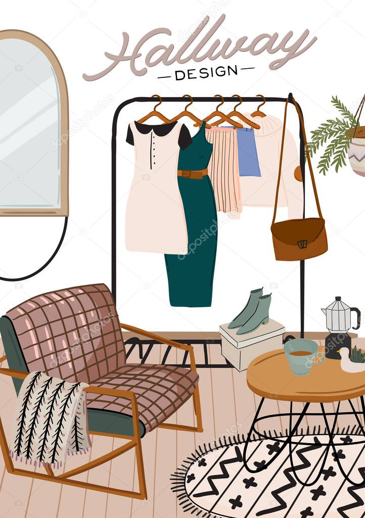 Stylish Scandinavian entrance hall interior and home decorations. Female clothes in  wardrobe. Clothing organization and storage. Vector illustration for women shop, boutique, store.